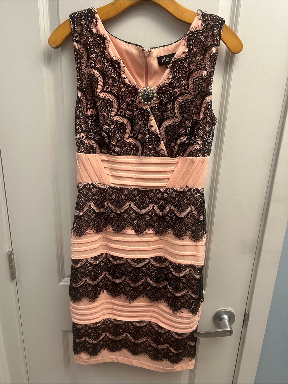 Chaya Cream and Black Lace-Trim Knee Dress with Brooch Detail, 6
